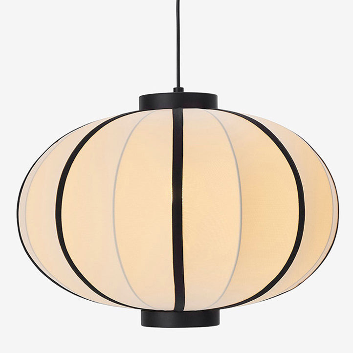 Traditional Japanese Oval Iron Frame Fabric Shade 1-Light Pendant Light For Living Room