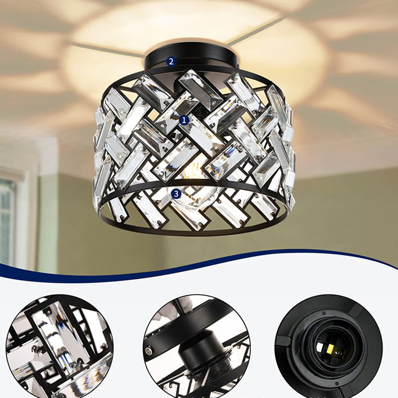 Modern Minimalist Round Aluminum Frame Crystal Shade 1-Light Semi-Flush Mount Ceiling Light For Living Room