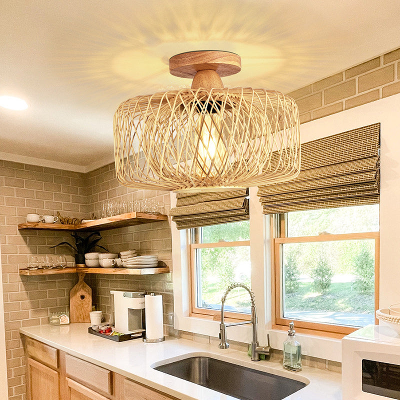 Traditional Chinese Round Wood Rattan 1-light Semi-flush Mount Ceiling Light for Living Room