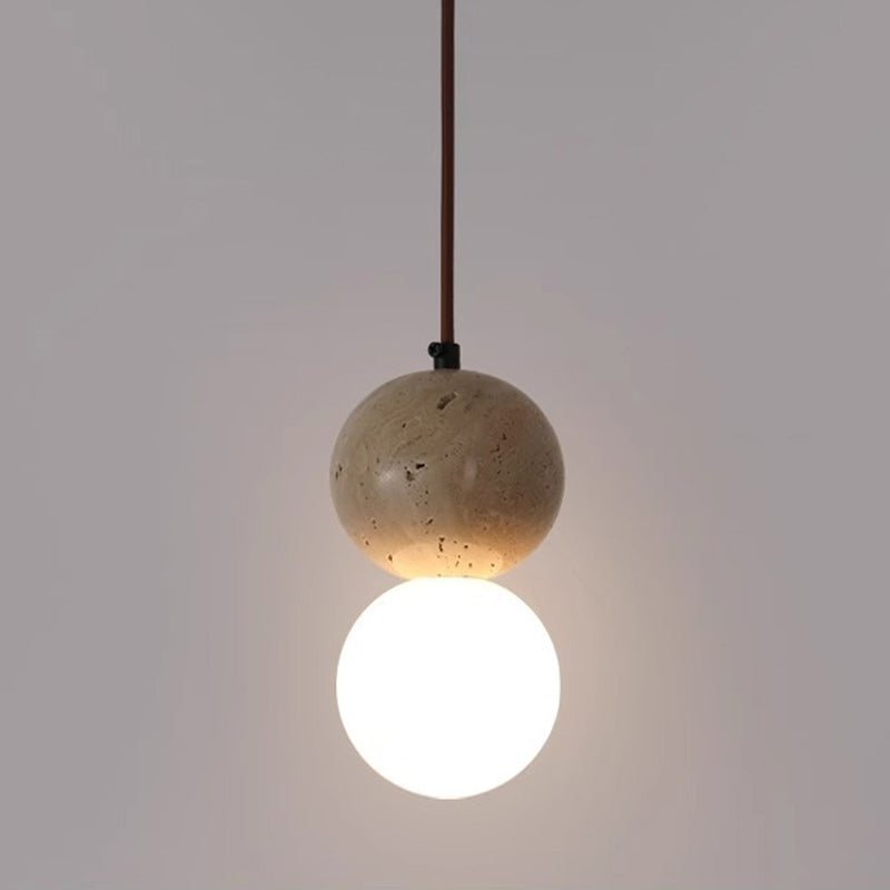 Traditional Japanese Globe Stone Wood Glass 1-light Pendant Light for Living Room