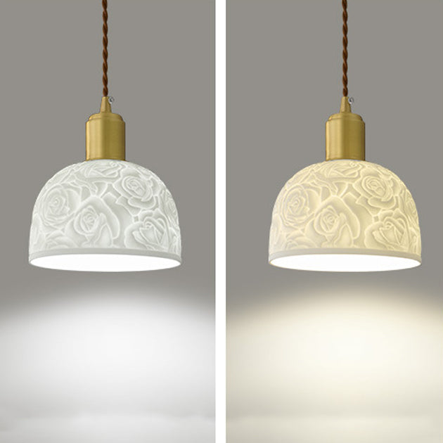 Contemporary Nordic Rose Pattern Ceramic Shade Brass 1-Light Pendant Light For Living Room