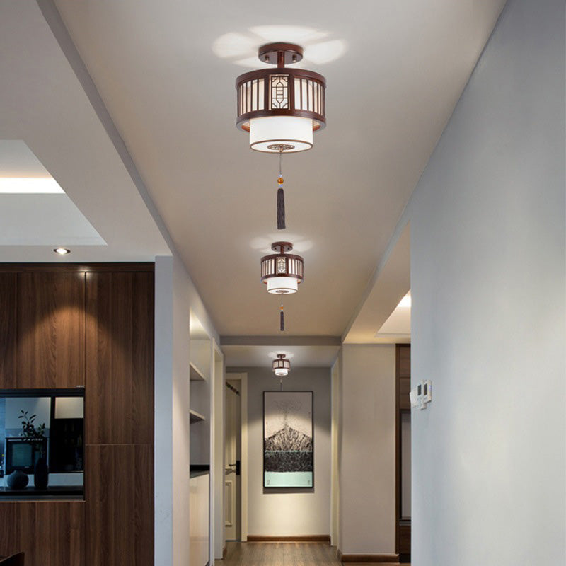 Traditional Chinese Cylinder Hollow Tassel Solid Wood Fabric 1-light Semi-flush Mount Ceiling Light for Living Room