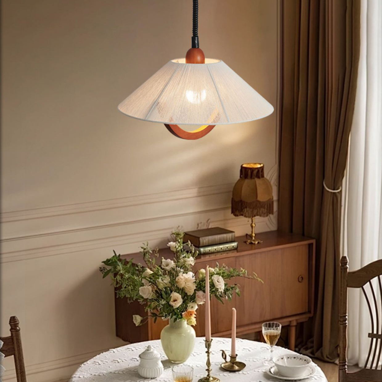 Traditional Vintage Round Table Curved Half Round Adjustable Wooden Fabric 1-Light Pendant Light For Bedroom