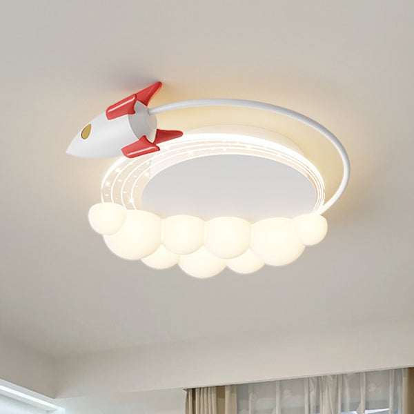 Contemporary Creative Cartoon Kids Rocket Arc Cloud Iron Resin LED Flush Mount Ceiling Light For Bedroom