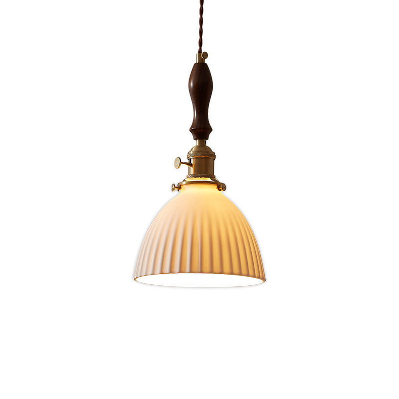 Traditional Japanese Wood Ceramic Round 1-light Pendant Light for Living Room