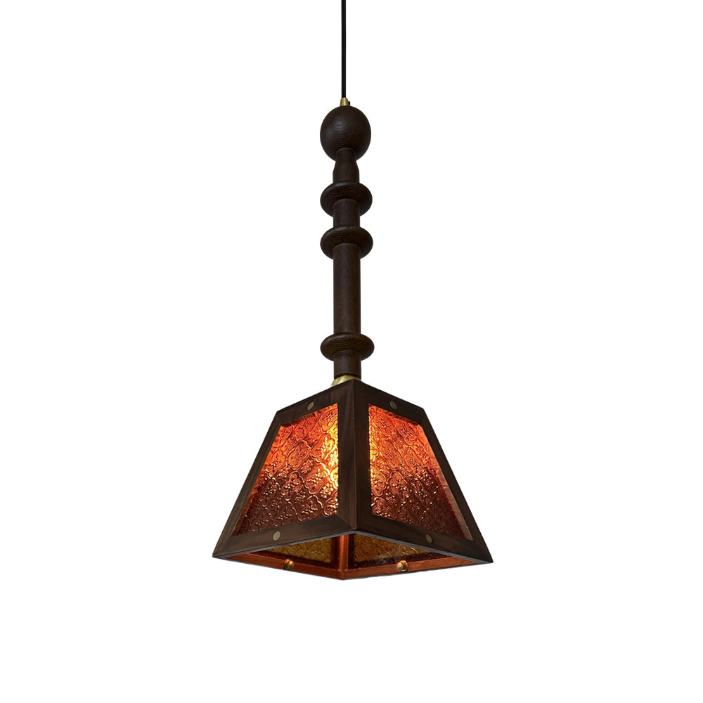 Traditional Vintage Walnut Wood Begonia Trapezoid Glass Shade 1-Light Pendant Light For Living Room