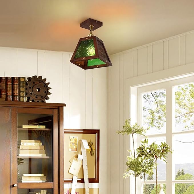 Traditional Vintage Wood Begonia Trapezoid Glass Shade 1-Light Semi-Flush Mount Ceiling Light For Living Room