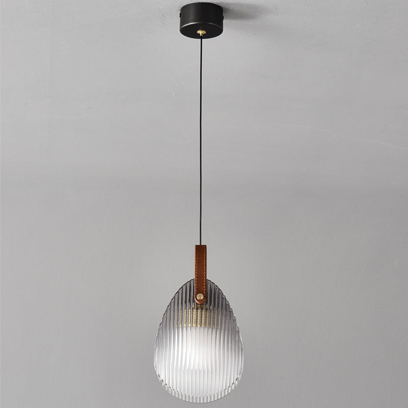Contemporary Nordic Leather Vertical Striped Glass Round Shade 1-light Pendant Light for Bedroom