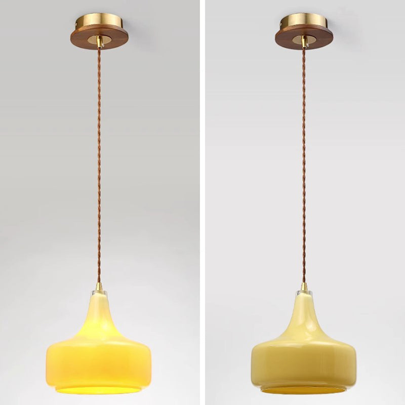 Contemporary Nordic Geometric Round Glass Shade Walnut Wood 1-Light Pendant Light For Bedroom