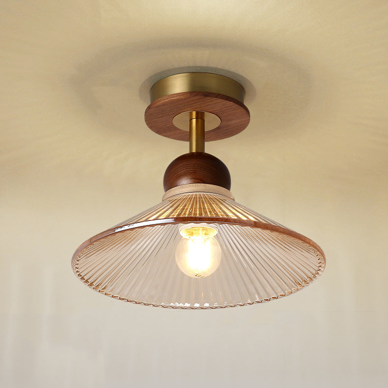 Traditional Japanese Flower Glass Shade Solid Wood 1-light Semi-flush Mount Ceiling Light for Living Room