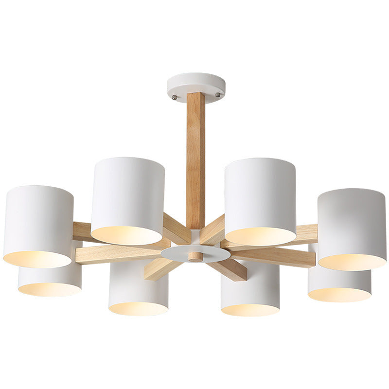 Contemporary Scandinavian Solid Wood Frame Hardware Cylinder Shade 6/8-Light Semi-Flush Mount Ceiling Light For Living Room