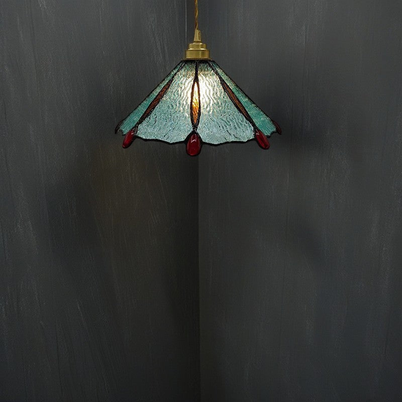 Traditional Tiffany Brass Stained Glass Conical Shade 1-Light Pendant Light For Bedroom