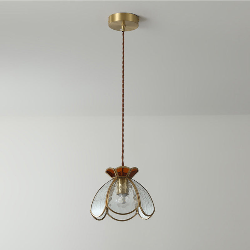 Traditional Japanese Brass Frame Frosted Ripple Glass Petal-Shaped 1-Light Pendant Light For Living Room