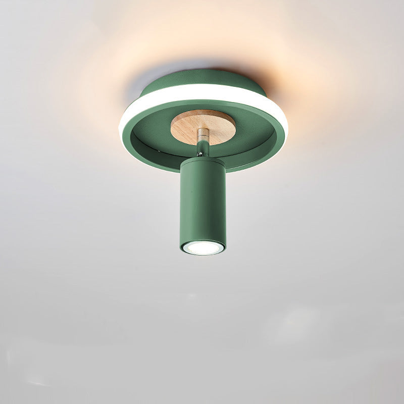 Contemporary Scandinavian Round Cylinder Iron Wood Acrylic LED Spotlight Semi-Flush Mount Ceiling Light For Bedroom