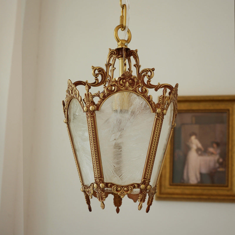 Traditional Vintage Ice Flower Prism Copper Glass 1-Light Pendant Light For Bedroom