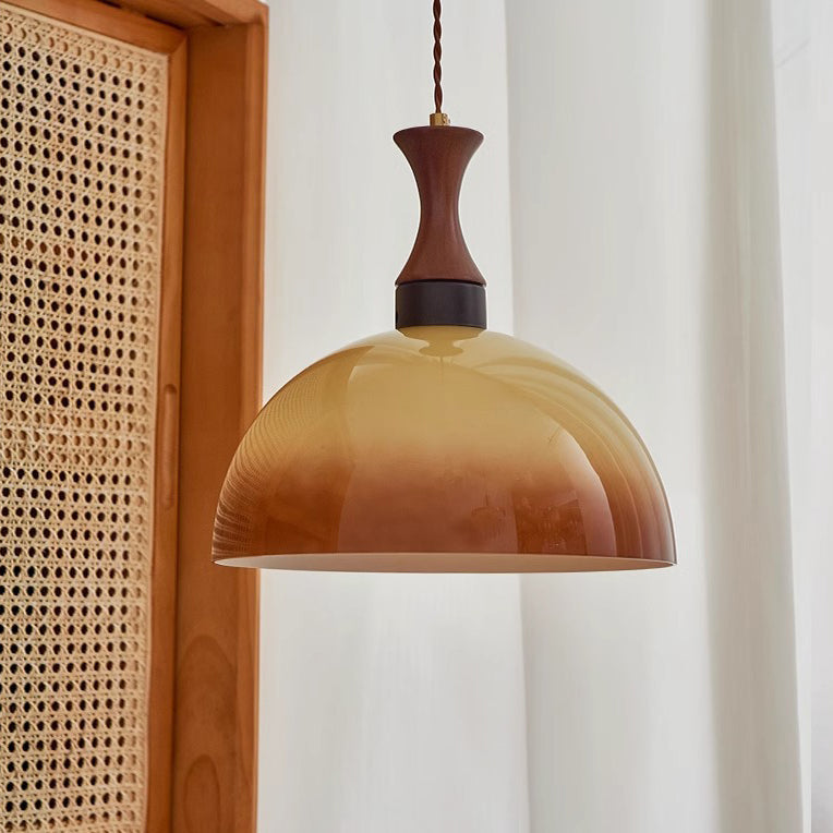 Contemporary Scandinavian Cream Round Cone Solid Wood Glass 1-Light Pendant Light For Dining Room