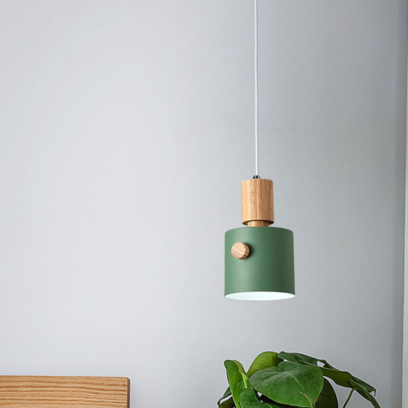 Contemporary Scandinavian Macaron Round Cylinder Iron Solid Wood 1-Light Pendant Light For Bedroom