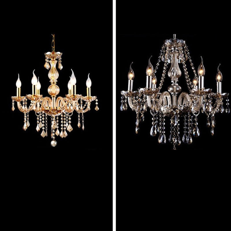 Contemporary Scandinavian Branch Pendant Candle Crystal Glass Metal 6-light Chandelier for Living Room