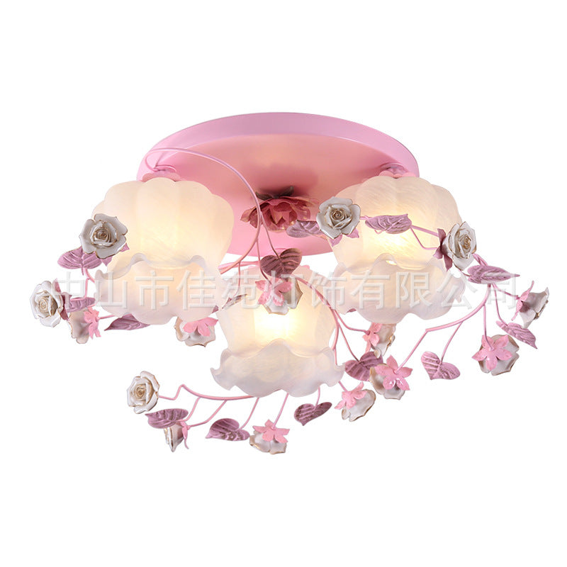 Traditional French Floral Rose Grass Glass Iron 3/5 Light Semi-Flush Mount Ceiling Light For Living Room