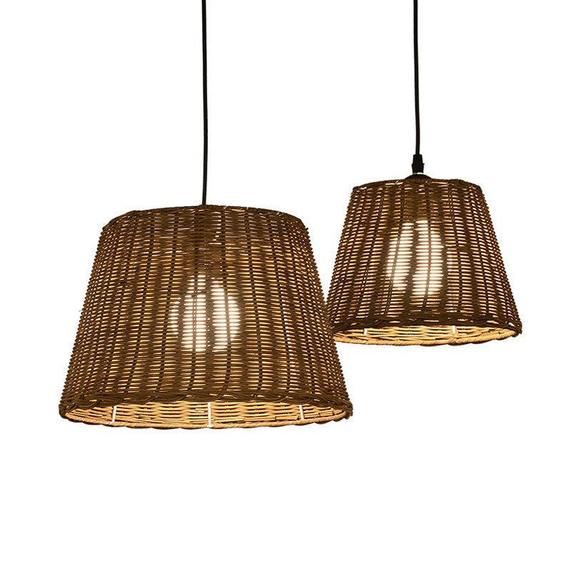 Traditional Vintage Round Cone Rattan Iron 1-Light Pendant Light For Living Room