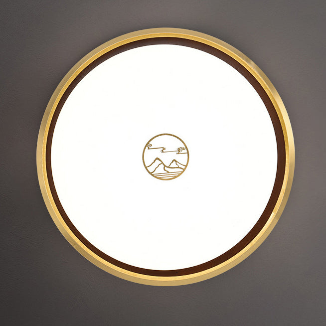 Traditional Chinese Round Mountain Pattern Acrylic Iron Copper LED Flush Mount Ceiling Light For Bedroom