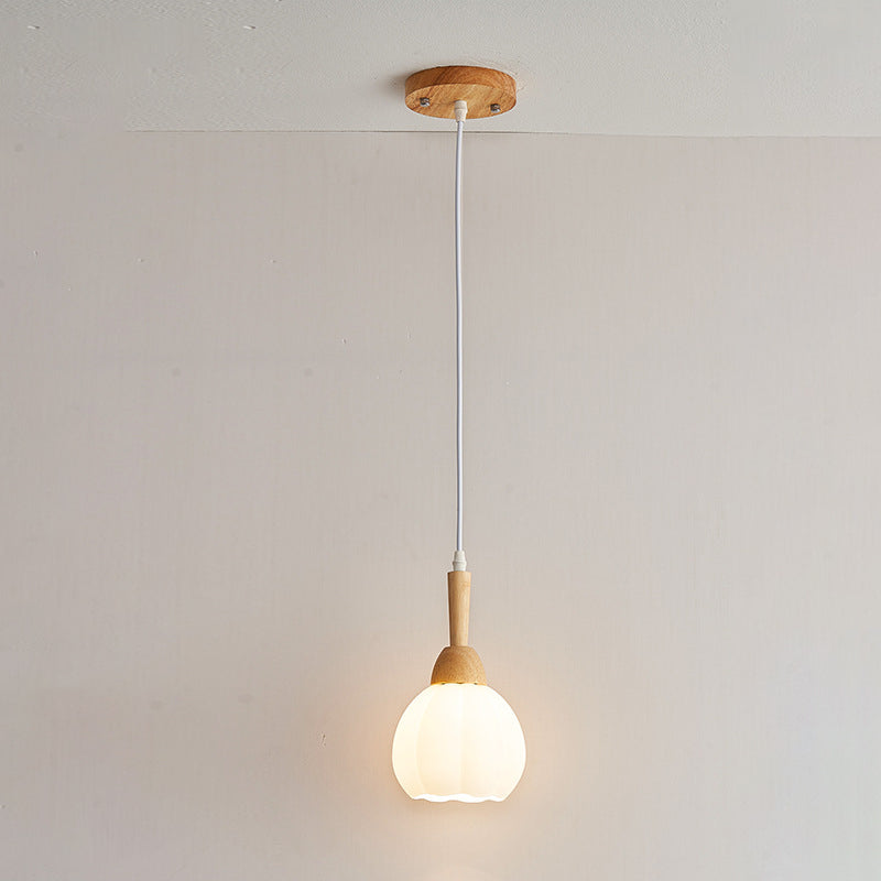 Traditional Japanese Orb Tapered Round Glass Wood 1-Light Pendant Light For Living Room