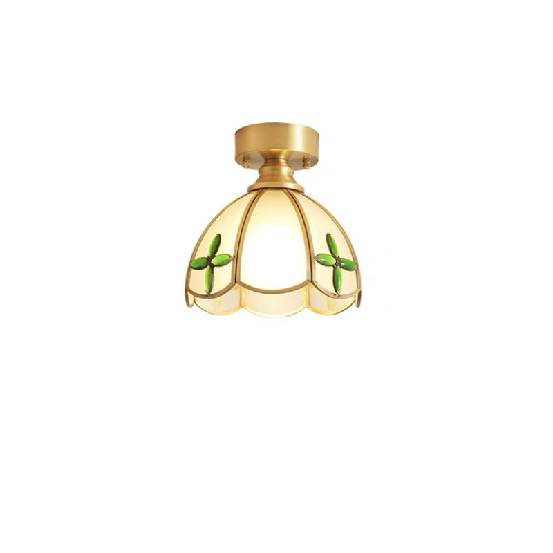 Traditional Vintage Round Leaf Umbrella Glass Copper 1-light Semi-flush Mount Ceiling Light for Living Room