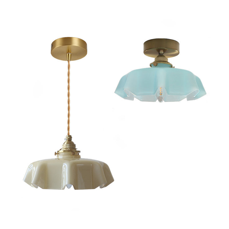 Traditional French Brass Glass Iron Round Folded 1-light Semi-flush Mount Ceiling Light for Hallway