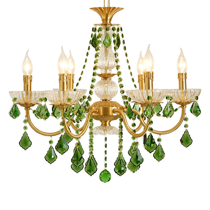 Traditional French Copper Crystal Glass Column Pendants Candlestick 3/6/8 Light Chandeliers for Living Room