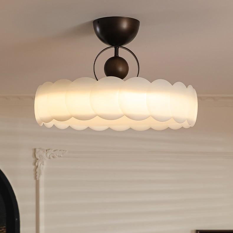 Contemporary Retro Rubber Wood Iron Acrylic Pellucid Round LED Semi-Flush Mount Ceiling Light For Bedroom