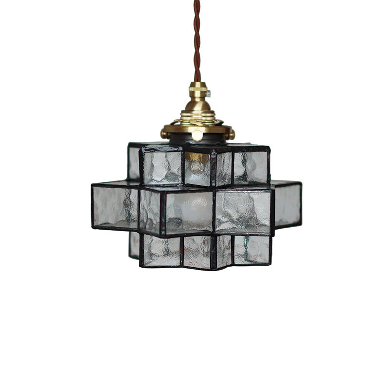 Traditional Vintage Glass Brass Triple Layered Hexagonal Star 1-Light Pendant Light For Dining Room