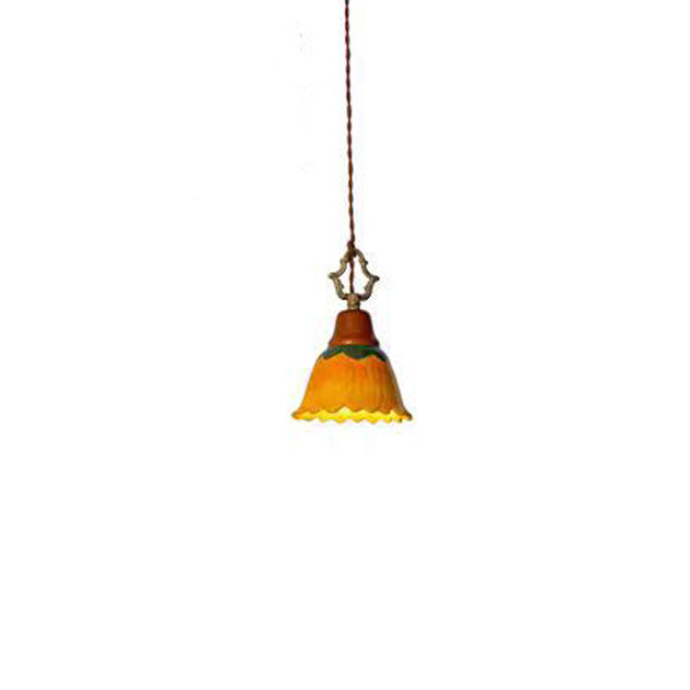 Traditional Japanese Ceramic Copper Wood Dome Floral 1-Light Pendant Light For Bedside