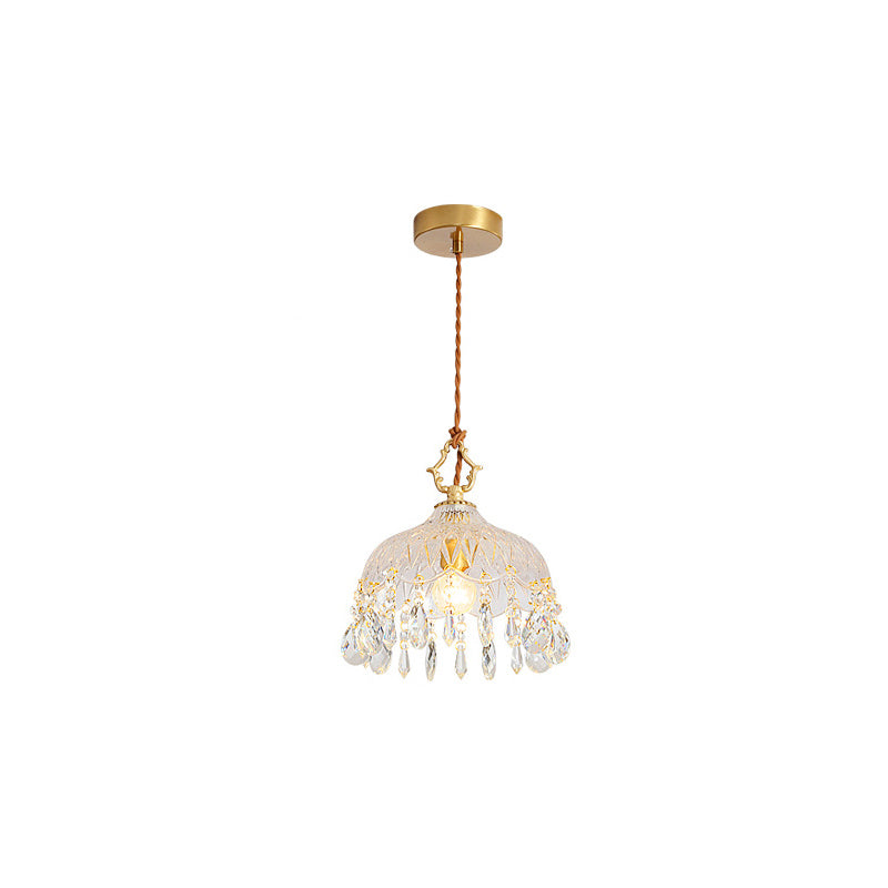 Modern Art Deco Brass Checkered Glass Shade Crystal Beads 1-light Pendant Light for Living Room