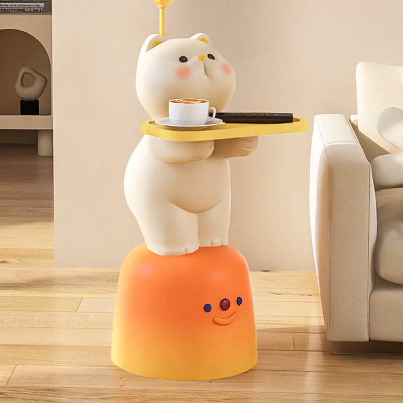 Lumendat Modern Art Deco Kids Cat Rectangular Resin Metal Wood End Table 1-Tray With LED Light For Bedroom Lumendat