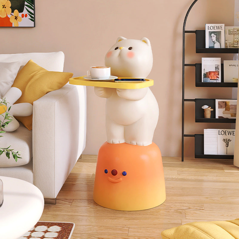 Lumendat Modern Art Deco Kids Cat Rectangular Resin Metal Wood End Table 1-Tray With LED Light For Bedroom Lumendat