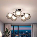 Modern Mid-century Round Electroplated Glass Stainless Steel Carbon Steel 5-light Semi-flush Mount Ceiling Light for Living Room