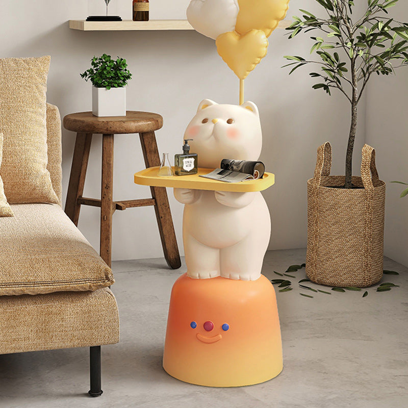 Lumendat Modern Art Deco Kids Cat Rectangular Resin Metal Wood End Table 1-Tray With LED Light For Bedroom Lumendat