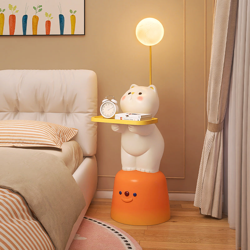 Lumendat Modern Art Deco Kids Cat Rectangular Resin Metal Wood End Table 1-Tray With LED Light For Bedroom Lumendat