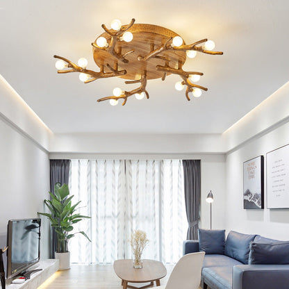 Contemporary Scandinavian Polymer Tree Branch Texture Glass Ball Shade 9/12/15-Light Semi-Flush Mount Ceiling Light For Living Room