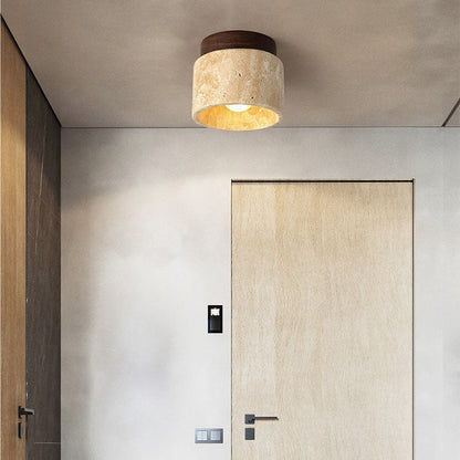 Modern Minimalist Cylinder Oval Dish Yellow Travertine 1-light Semi-flush Mount Ceiling Light for Living Room