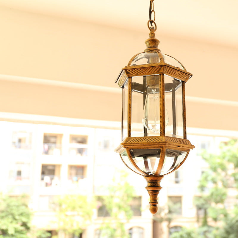 Contemporary Retro Hexagonal Lantern Glass Aluminum 1-light Waterproof Pendant Light for Outdoor Patio BulbSquare