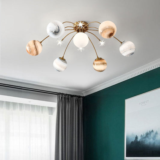 Contemporary Creative Starry Sky Moon Iron Glass 13-light Semi-flush Mount Ceiling Light for Bedroom