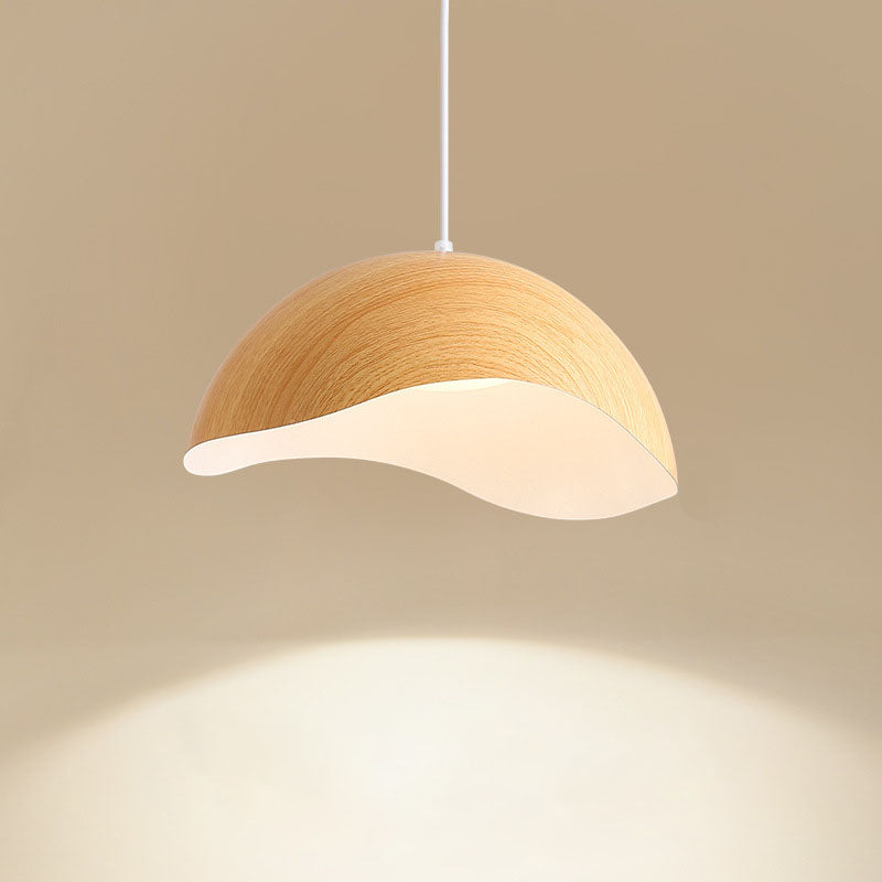 Contemporary Scandinavian Wood Grain Iron Dome Wave LED Pendant Light for Dining Room