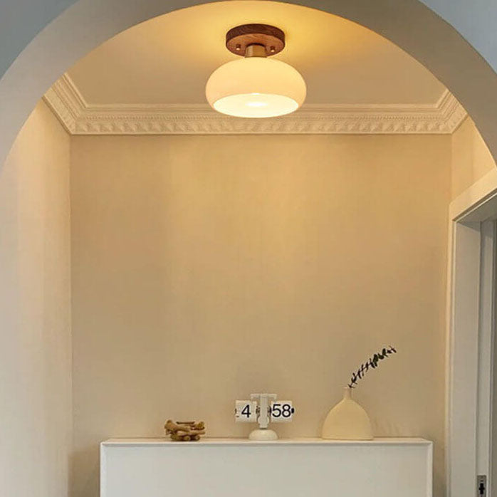 Creative Vintage Walnut Brass Round 1-Light Semi-Flush Mount Ceiling Light Lumendat