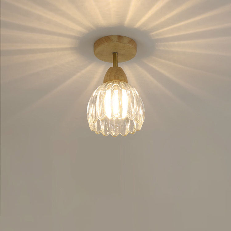 Japanese Vintage Wood Glass Cone Flower 1-light Semi-flush Mount Ceiling Light