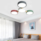 Contemporary Scandinavian Macaron Iron Geometric Round Shade Wood Splicing LED Flush Mount Ceiling Light for Bedroom