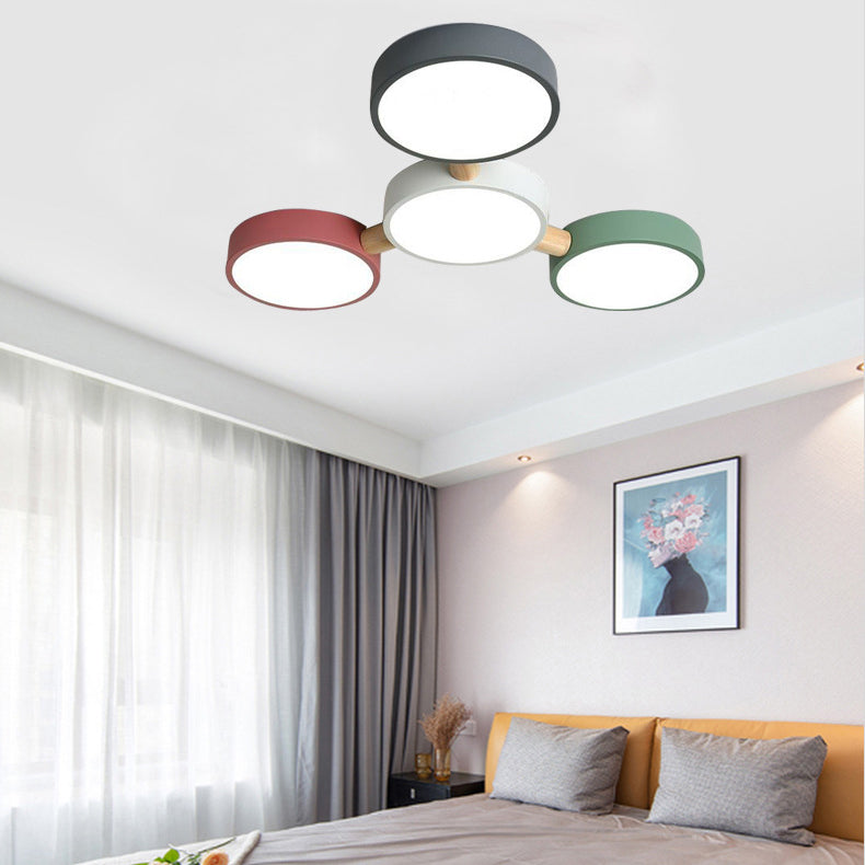 Contemporary Scandinavian Macaron Iron Geometric Round Shade Wood Splicing LED Flush Mount Ceiling Light for Bedroom