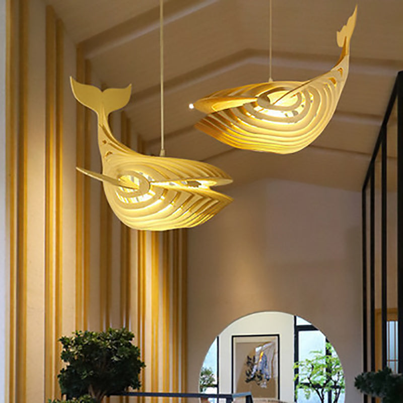 Traditional Chinese Whale Wood 1-light Pendant Light for Dining Room