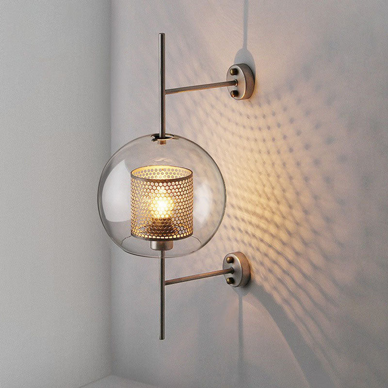 Contemporary Industrial Iron Finish Frame Spherical Glass Shade 1-Light Wall Sconce Lamp For Bedroom Lumendat