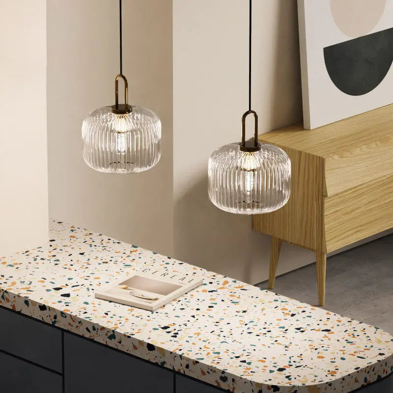Contemporary Nordic Round Oval Pumpkin Stainless Steel Striped Glass 1-light Pendant Light for Living Room BulbSquare
